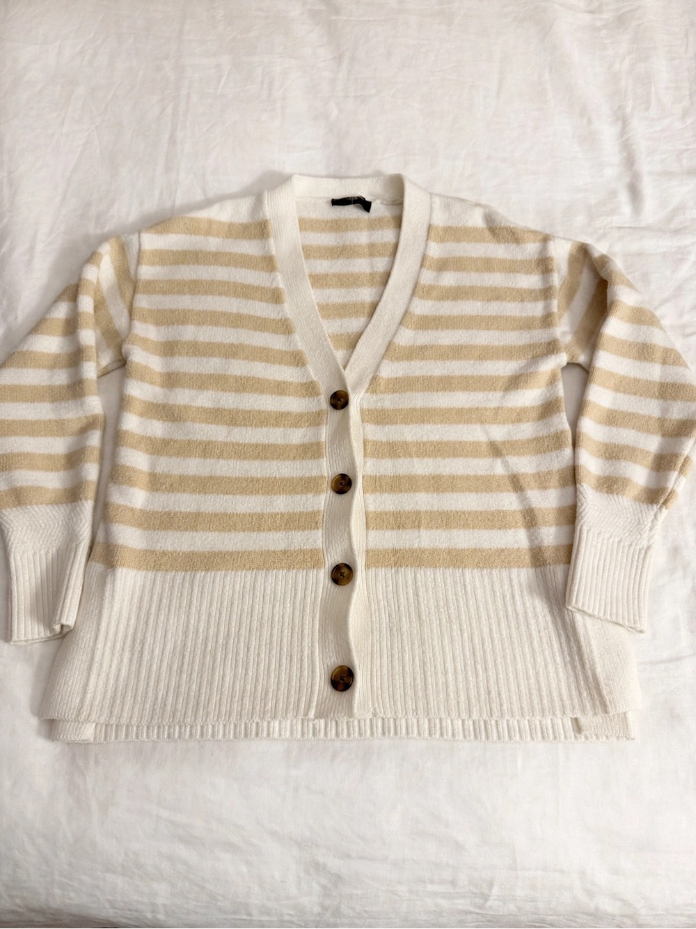 Tahari Cream and Beige Striped Button-Up Cardigan